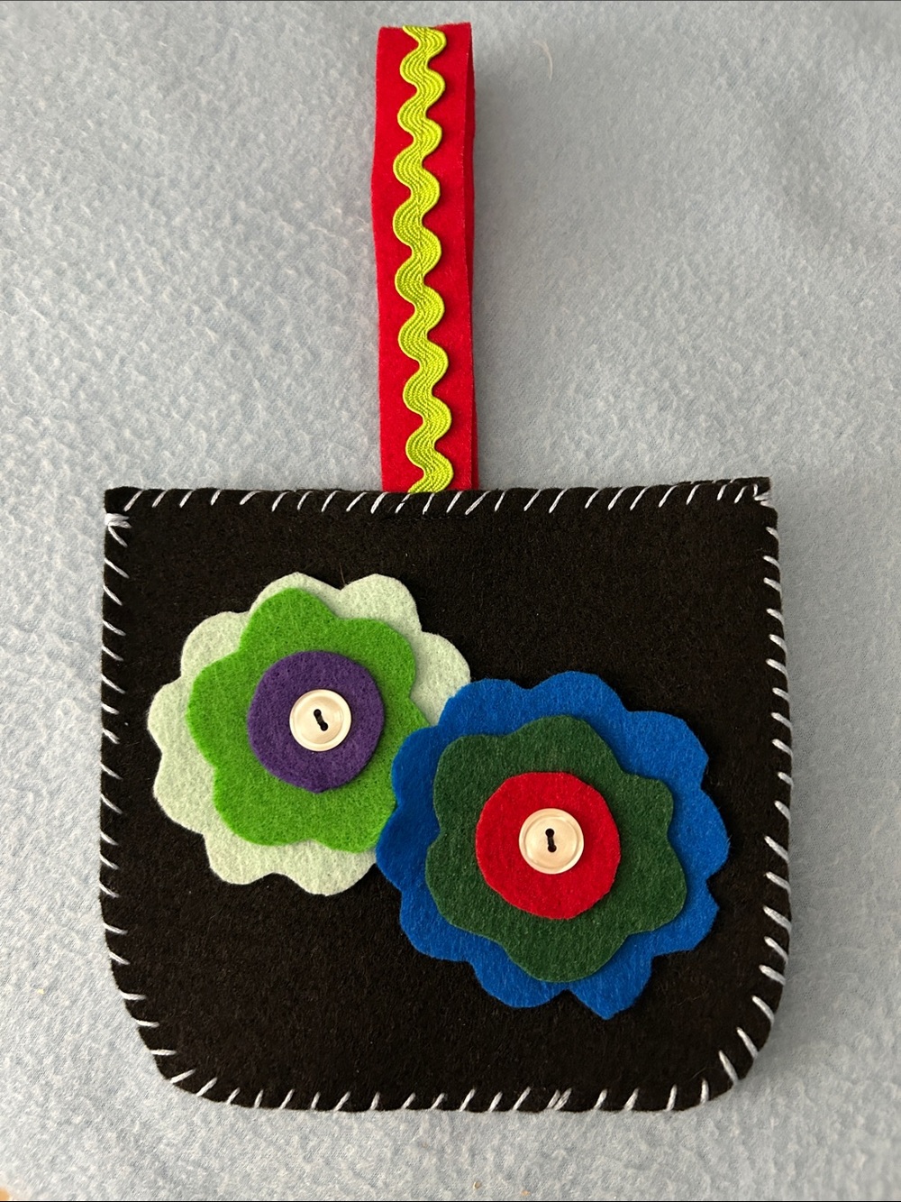 Handmade Black Felt Kids Wristlet with Green & Blue Flower Accents
